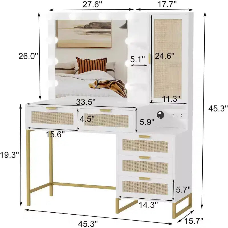Coiffeuse avec miroir et lumières, Coiffeuse avec prise de courant, Table de maquillage à 5 tiroirs