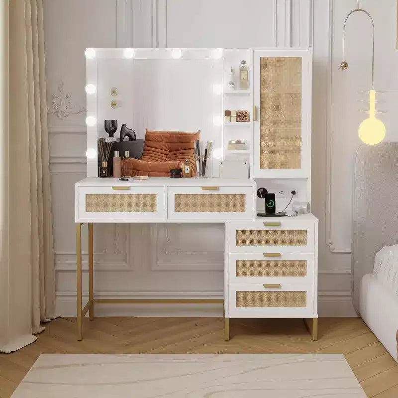 Coiffeuse avec miroir et lumières, Coiffeuse avec prise de courant, Table de maquillage à 5 tiroirs