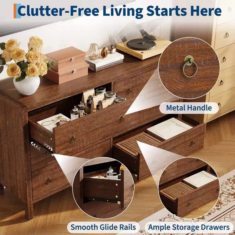 Commode à 6 ou 7 tiroirs pour chambre à coucher, commode en bois avec poignées en métal, meuble de rangement pour salon et meuble TV