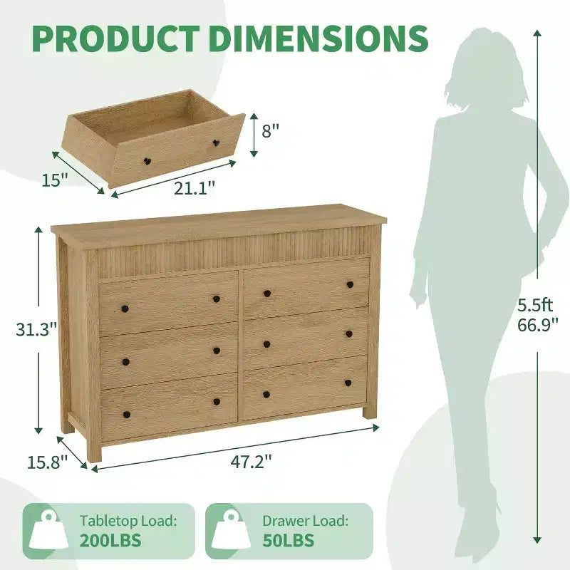 Commode à 6 tiroirs avec design cannelé, meuble de rangement moderne en bois pour chambre, salon, entrée