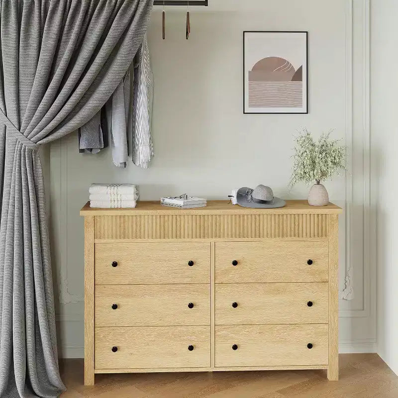Commode à 6 tiroirs avec design cannelé, meuble de rangement moderne en bois pour chambre, salon, entrée