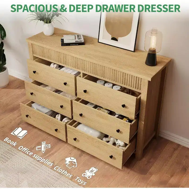 Commode à 6 tiroirs avec design cannelé, meuble de rangement moderne en bois pour chambre, salon, entrée