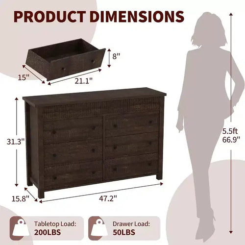 Commode à 6 tiroirs avec design cannelé, meuble de rangement moderne en bois pour chambre, salon, entrée
