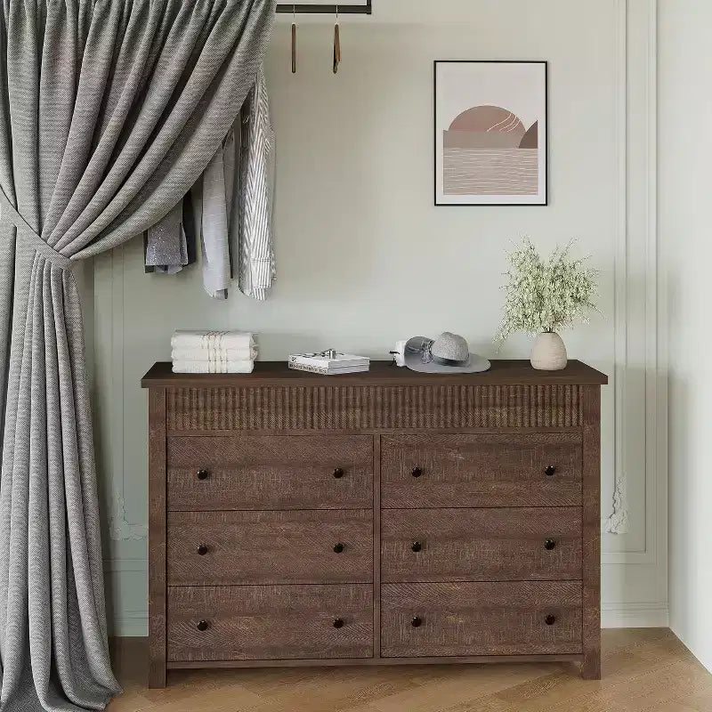 Commode à 6 tiroirs avec design cannelé, meuble de rangement moderne en bois pour chambre, salon, entrée