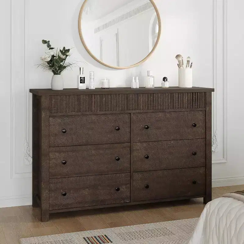 Commode à 6 tiroirs avec design cannelé, meuble de rangement moderne en bois pour chambre, salon, entrée