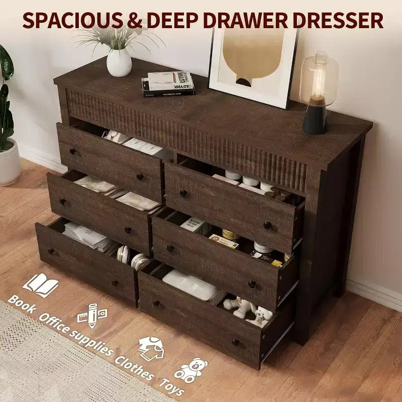 Commode à 6 tiroirs avec design cannelé, meuble de rangement moderne en bois pour chambre, salon, entrée