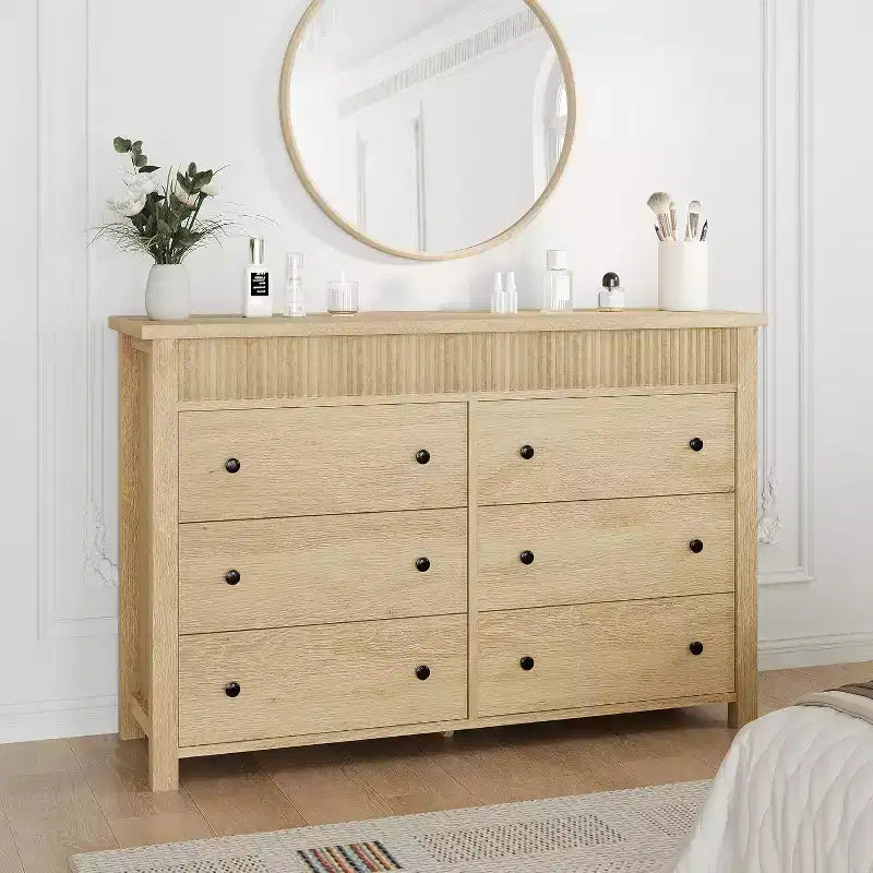 Commode à 6 tiroirs avec design cannelé, meuble de rangement moderne en bois pour chambre, salon, entrée
