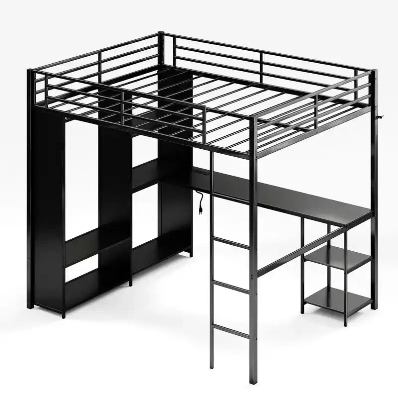 Queen Size Loft Bed with Desk and Storage Shelves, Metal Gaming Loft Bed Queen with Hanging Rod, Wardrobe, Guardrail and Ladder, Space Saving Design