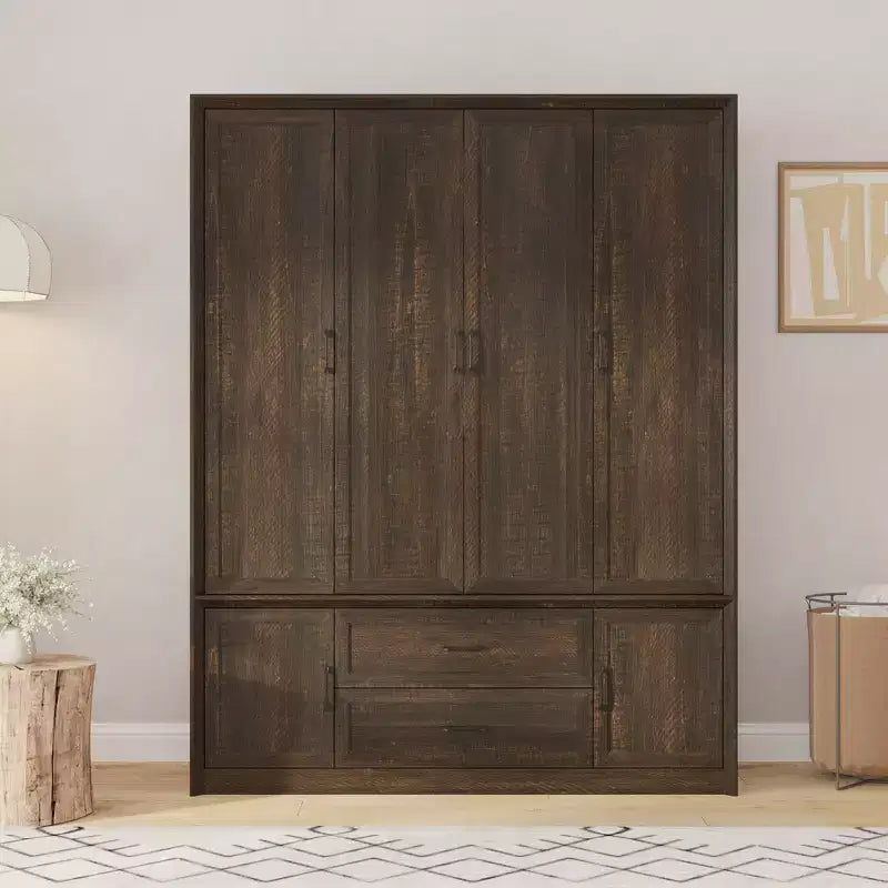 Armoire Famapy moderne minimaliste/industrielle vintage à 6 portes, penderie avec 2 tiroirs, tringle à vêtements, centre de rangement pour chambre et dressing, blanc/marron