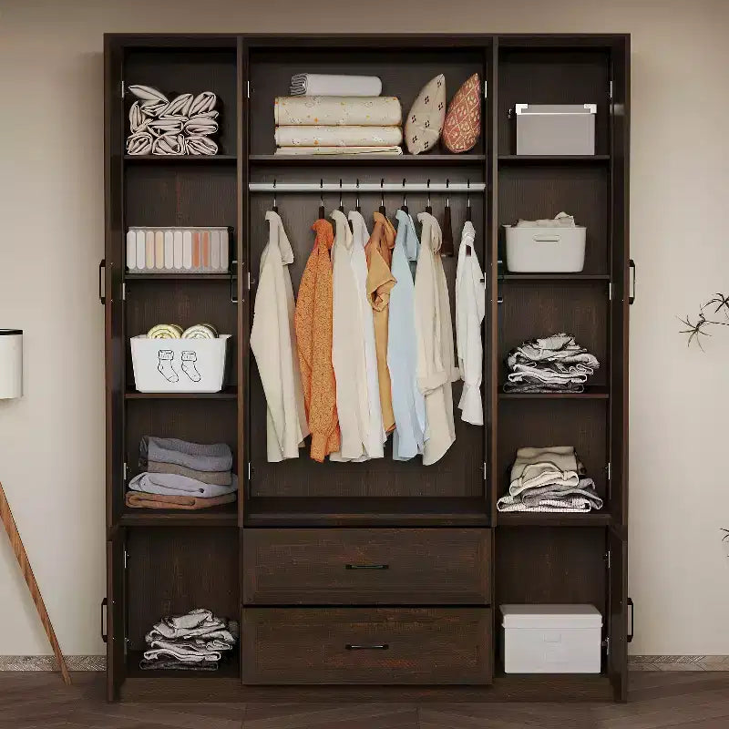 Armoire Famapy moderne minimaliste/industrielle vintage à 6 portes, penderie avec 2 tiroirs, tringle à vêtements, centre de rangement pour chambre et dressing, blanc/marron