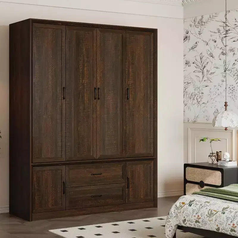 Armoire Famapy moderne minimaliste/industrielle vintage à 6 portes, penderie avec 2 tiroirs, tringle à vêtements, centre de rangement pour chambre et dressing, blanc/marron