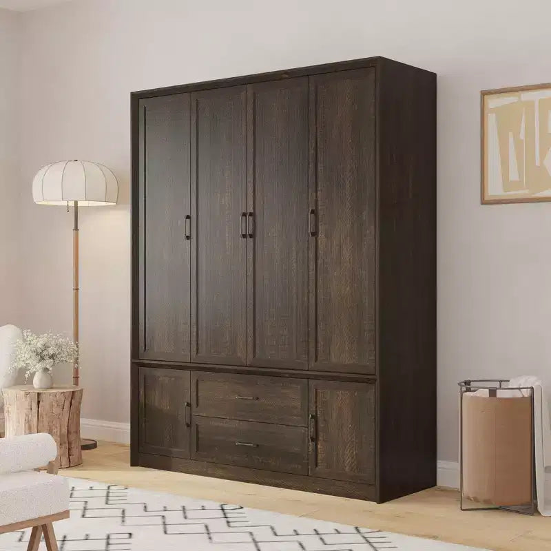 Armoire Famapy moderne minimaliste/industrielle vintage à 6 portes, penderie avec 2 tiroirs, tringle à vêtements, centre de rangement pour chambre et dressing, blanc/marron