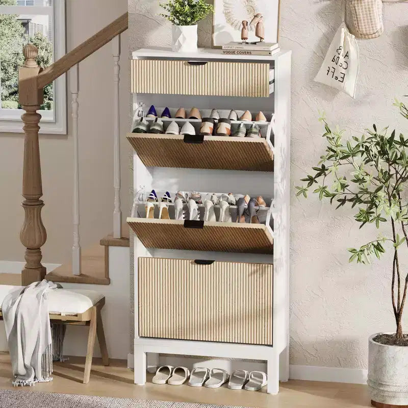3 tiroirs abattants et 1 petit tiroir, meuble à chaussures, étagère à chaussures étroite en bois avec pieds en métal pour l'entrée