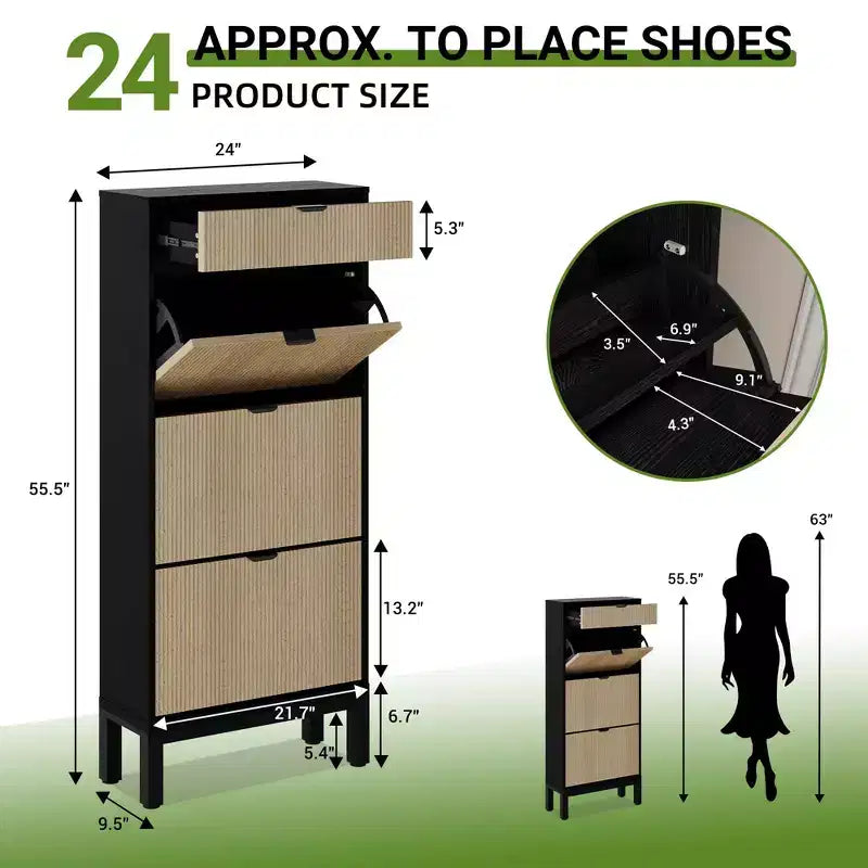 3 tiroirs abattants et 1 petit tiroir, meuble à chaussures, étagère à chaussures étroite en bois avec pieds en métal pour l'entrée
