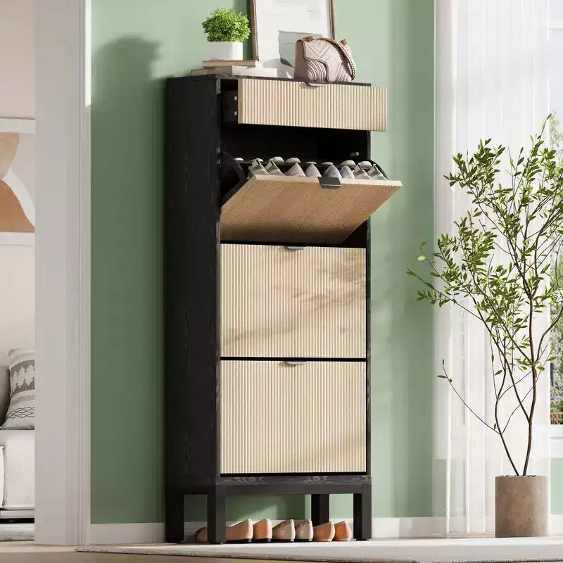 3 Flip Drawers & 1 Small Drawer, Shoe Cabinet, , Narrow Wooden Shoe Rack with Metal Legs for Entryway