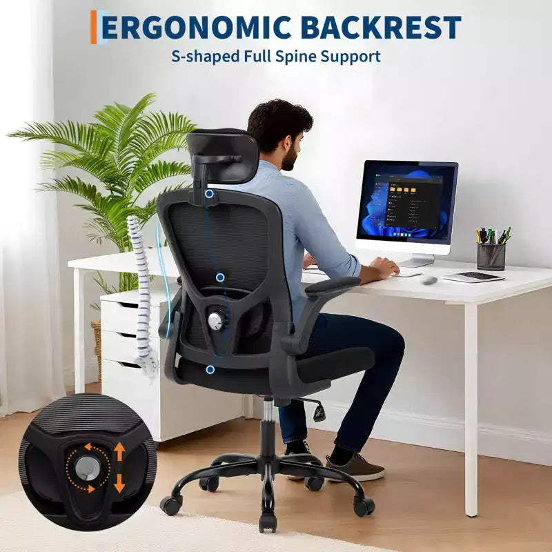 Fauteuil de bureau avec appui-tête, Chaise de bureau en maille avec soutien dorsal et accoudoirs réglables, Chaise de travail ergonomique à dossier haut et roulettes pour l'étude