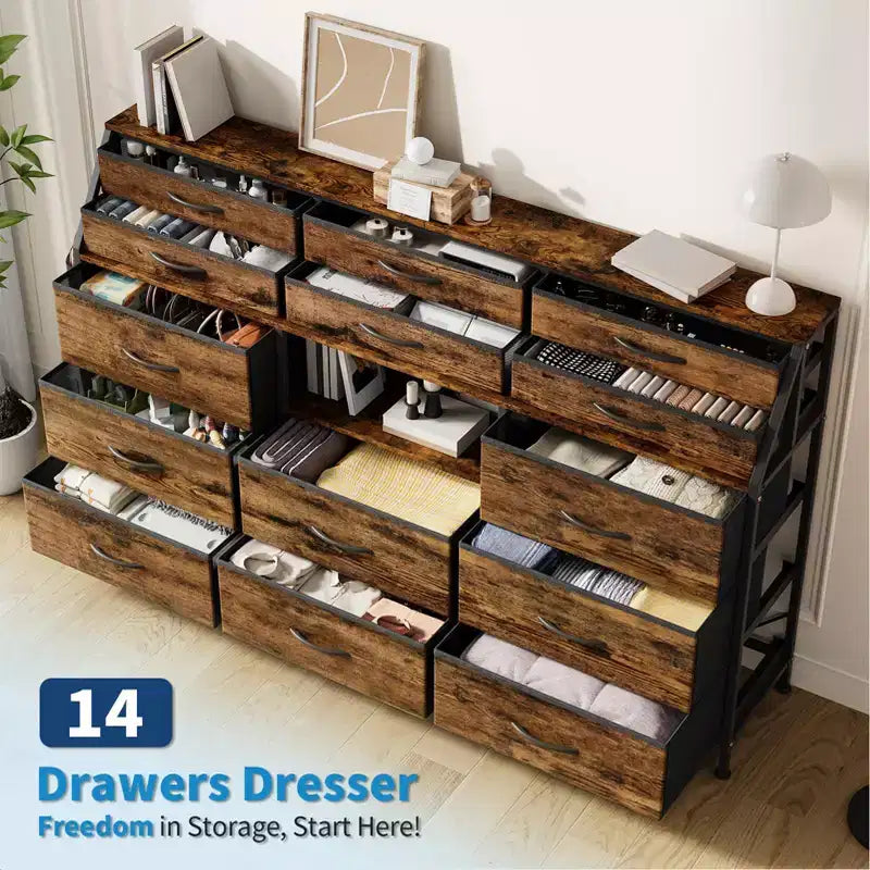 Commode TV avec 14 tiroirs en tissu, commode de chambre avec cadre en métal et dessus en bois, étagères ouvertes pour chambre, salon, placard