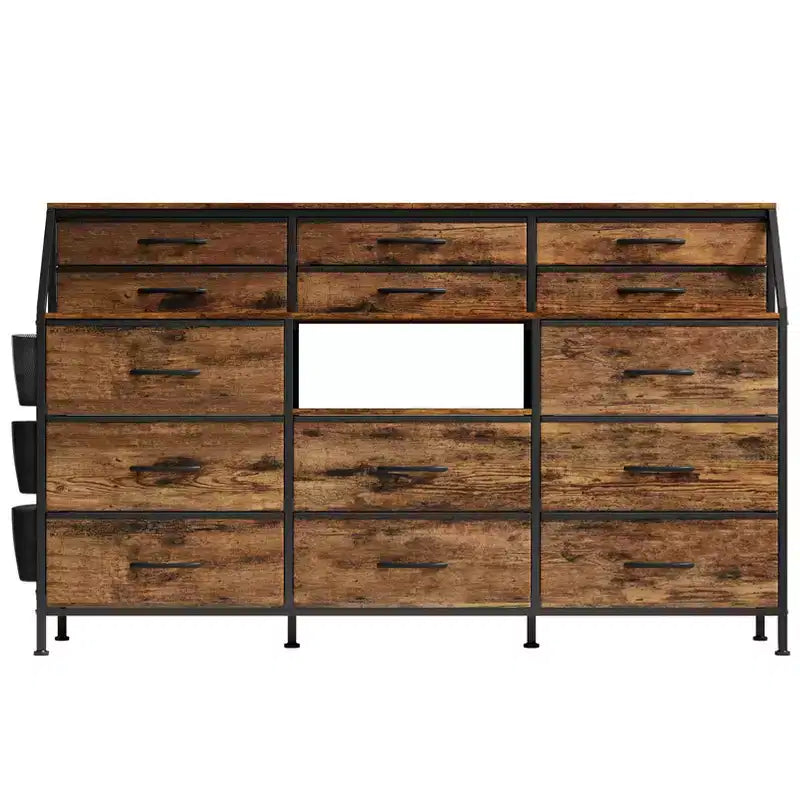 Commode TV avec 14 tiroirs en tissu, commode de chambre avec cadre en métal et dessus en bois, étagères ouvertes pour chambre, salon, placard