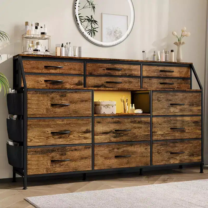 Commode TV avec 14 tiroirs en tissu, commode de chambre avec cadre en métal et dessus en bois, étagères ouvertes pour chambre, salon, placard