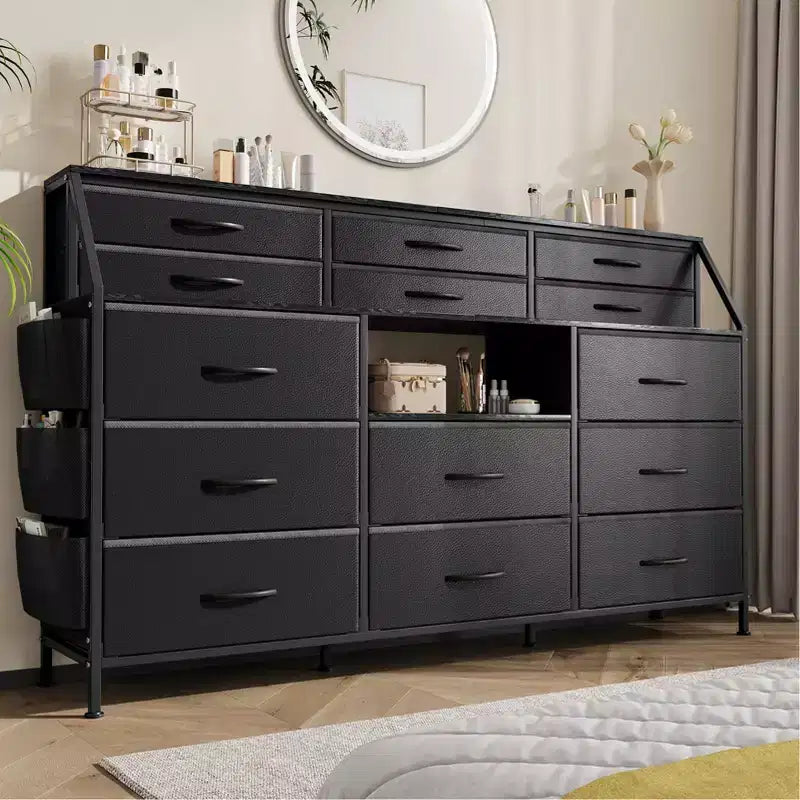 Commode TV avec 14 tiroirs en tissu, commode de chambre avec cadre en métal et dessus en bois, étagères ouvertes pour chambre, salon, placard