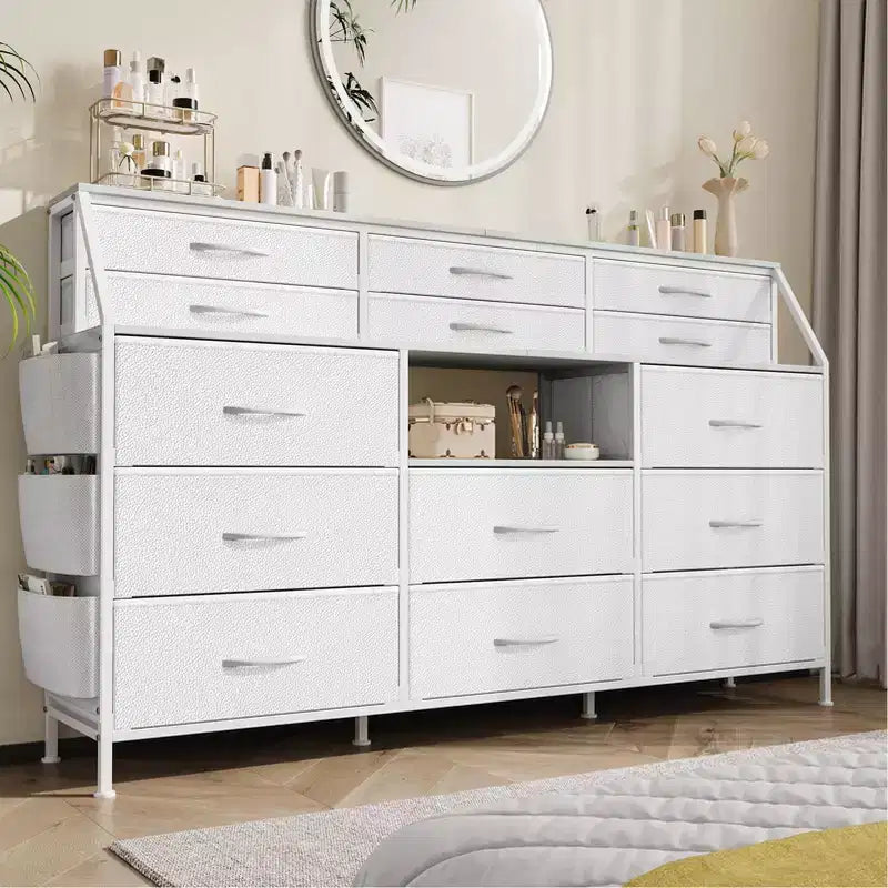 Commode TV avec 14 tiroirs en tissu, commode de chambre avec cadre en métal et dessus en bois, étagères ouvertes pour chambre, salon, placard