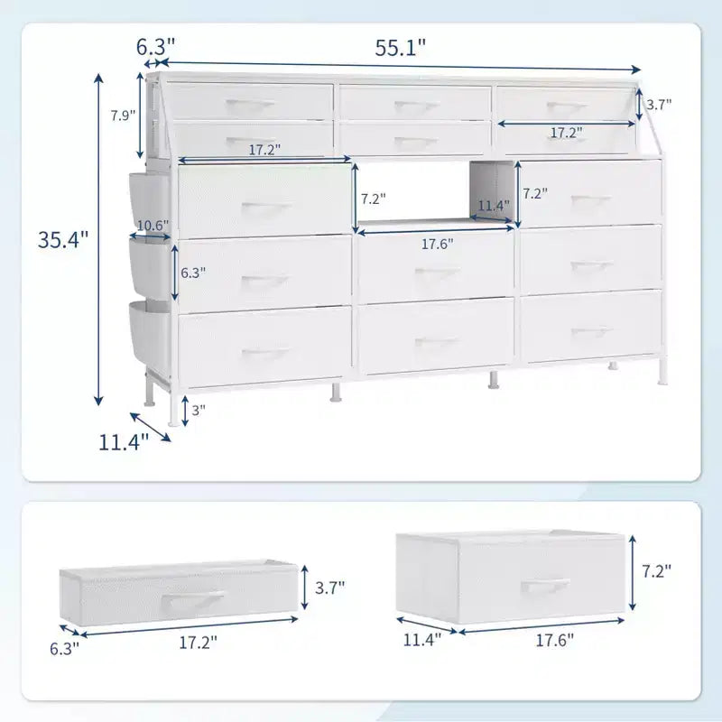 Commode TV avec 14 tiroirs en tissu, commode de chambre avec cadre en métal et dessus en bois, étagères ouvertes pour chambre, salon, placard