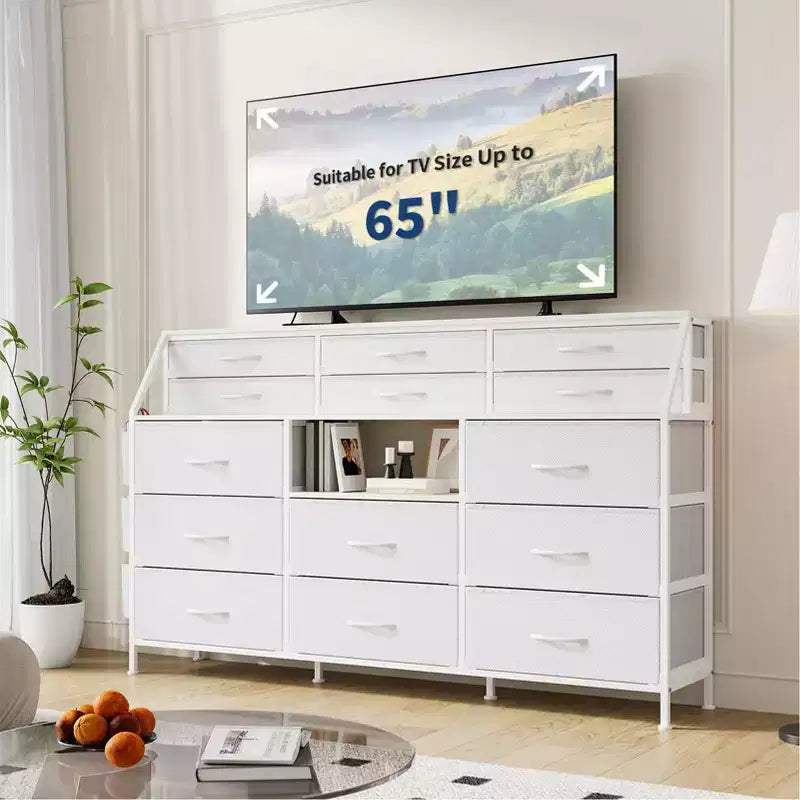 Commode TV avec 14 tiroirs en tissu, commode de chambre avec cadre en métal et dessus en bois, étagères ouvertes pour chambre, salon, placard