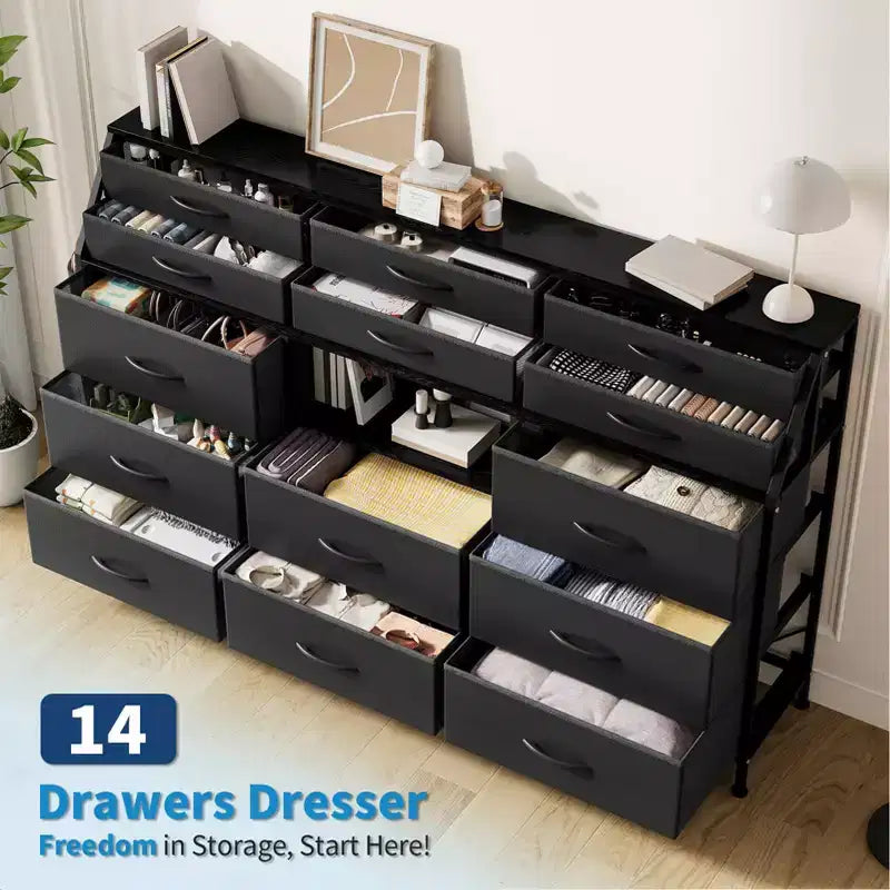 Commode TV avec 14 tiroirs en tissu, commode de chambre avec cadre en métal et dessus en bois, étagères ouvertes pour chambre, salon, placard