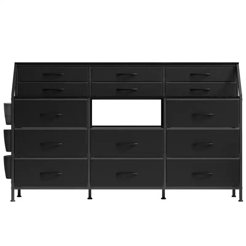 Commode TV avec 14 tiroirs en tissu, commode de chambre avec cadre en métal et dessus en bois, étagères ouvertes pour chambre, salon, placard