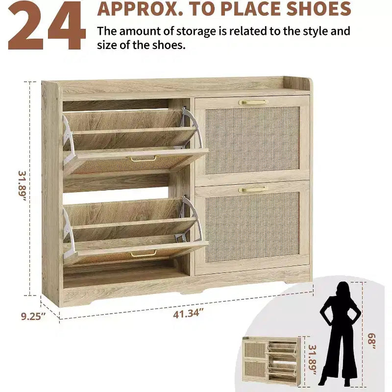 Meuble à chaussures autoportant ultra-mince en rotin avec 4 tiroirs basculants pour entrée - Meuble à chaussures rustique moderne de style ferme pour couloir, hall d'entrée, salon
