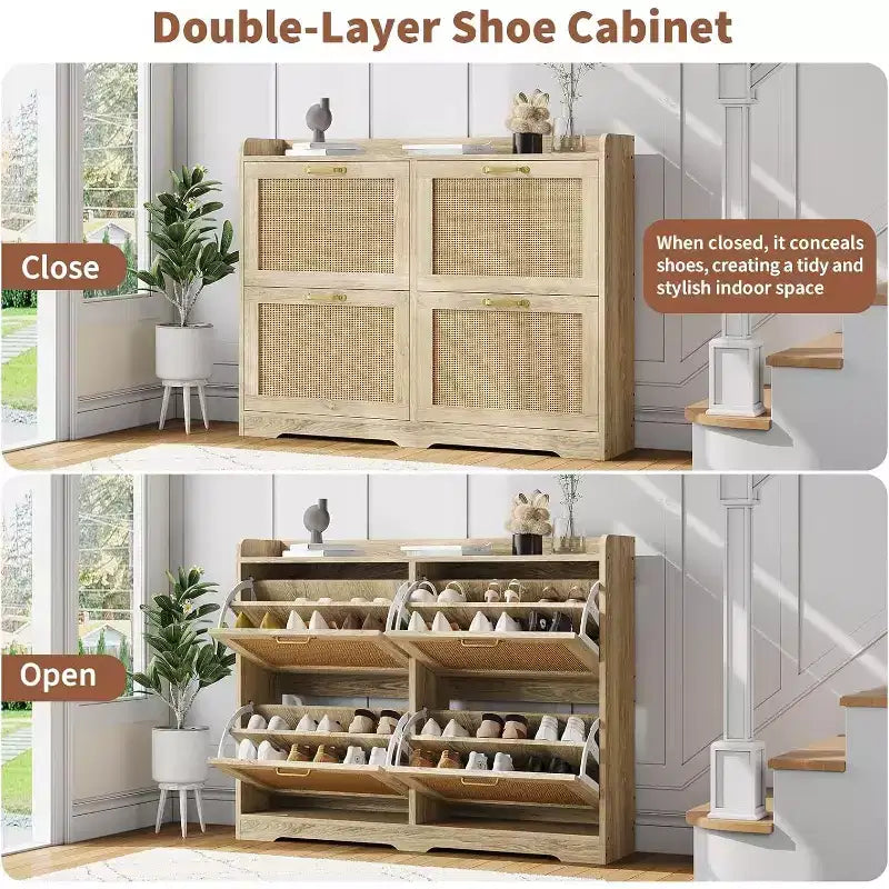 Meuble à chaussures autoportant ultra-mince en rotin avec 4 tiroirs basculants pour entrée - Meuble à chaussures rustique moderne de style ferme pour couloir, hall d'entrée, salon