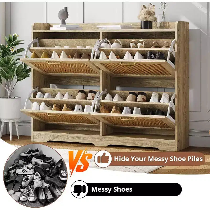 Meuble à chaussures autoportant ultra-mince en rotin avec 4 tiroirs basculants pour entrée - Meuble à chaussures rustique moderne de style ferme pour couloir, hall d'entrée, salon