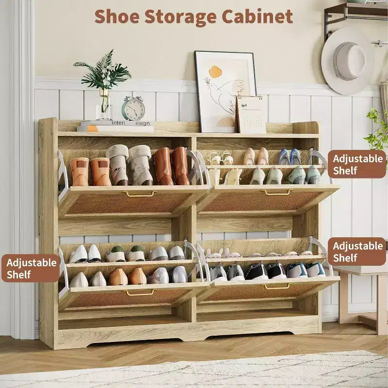 Meuble à chaussures autoportant ultra-mince en rotin avec 4 tiroirs basculants pour entrée - Meuble à chaussures rustique moderne de style ferme pour couloir, hall d'entrée, salon