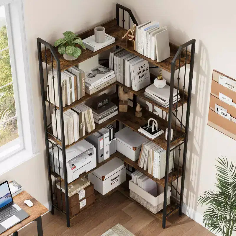GustoWave Étagère d'angle à 5 niveaux 72 cm de haut, bibliothèque en L, étagère de rangement avec cadre en métal