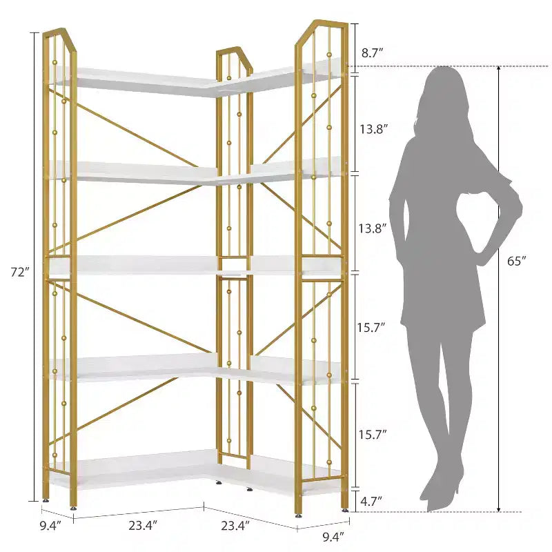 GustoWave Étagère d'angle à 5 niveaux 72 cm de haut, bibliothèque en L, étagère de rangement avec cadre en métal