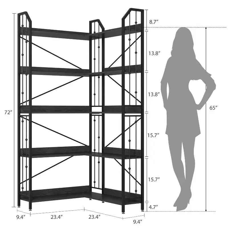 GustoWave Étagère d'angle à 5 niveaux 72 cm de haut, bibliothèque en L, étagère de rangement avec cadre en métal
