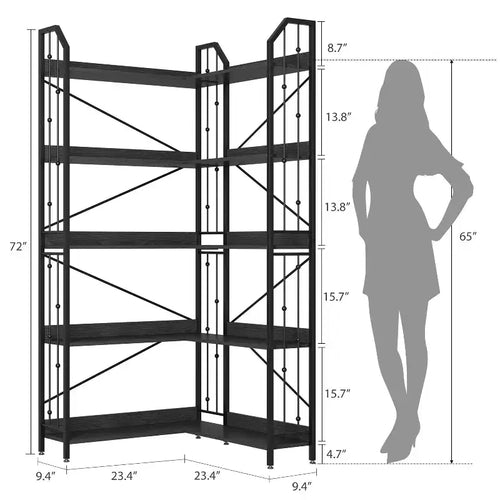 GustoWave Étagère d'angle à 5 niveaux 72 cm de haut, bibliothèque en L, étagère de rangement avec cadre en métal