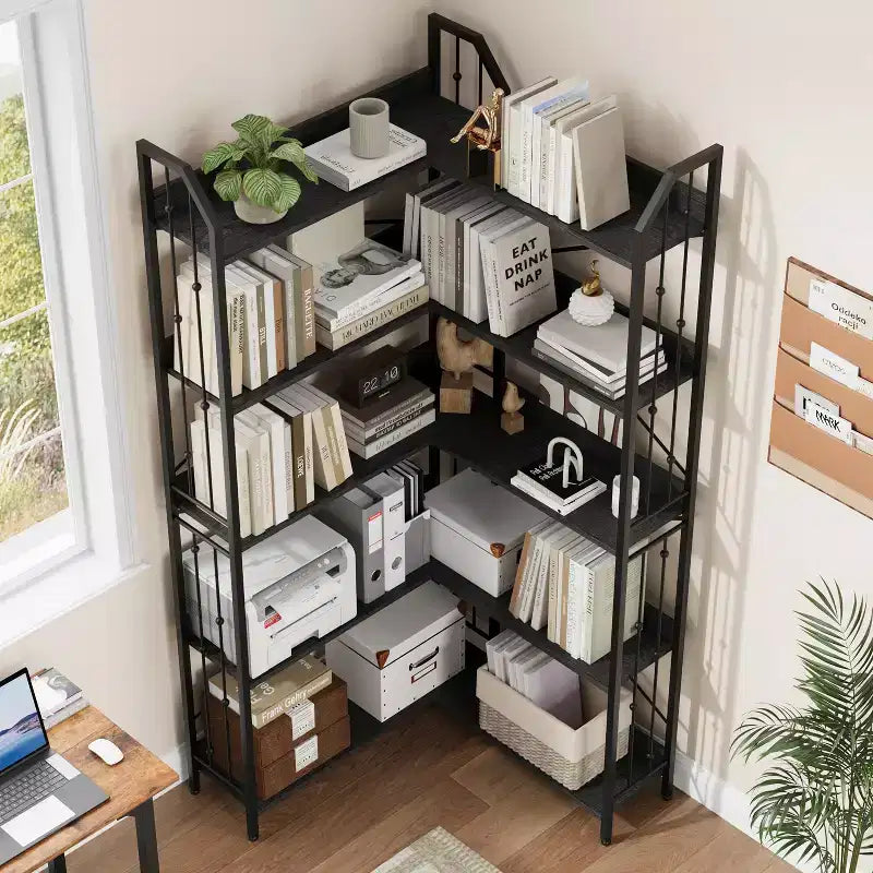 GustoWave Étagère d'angle à 5 niveaux 72 cm de haut, bibliothèque en L, étagère de rangement avec cadre en métal
