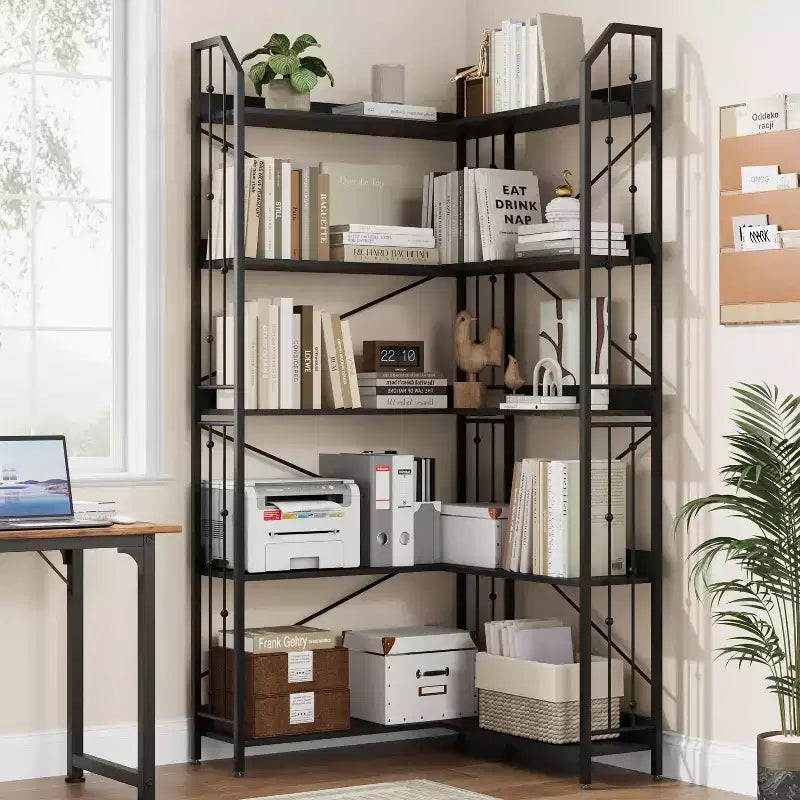 GustoWave Étagère d'angle à 5 niveaux 72 cm de haut, bibliothèque en L, étagère de rangement avec cadre en métal