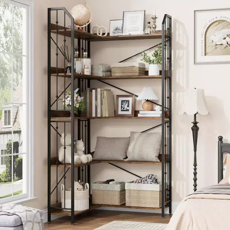 GustoWave Étagère d'angle à 5 niveaux 72 cm de haut, bibliothèque en L, étagère de rangement avec cadre en métal