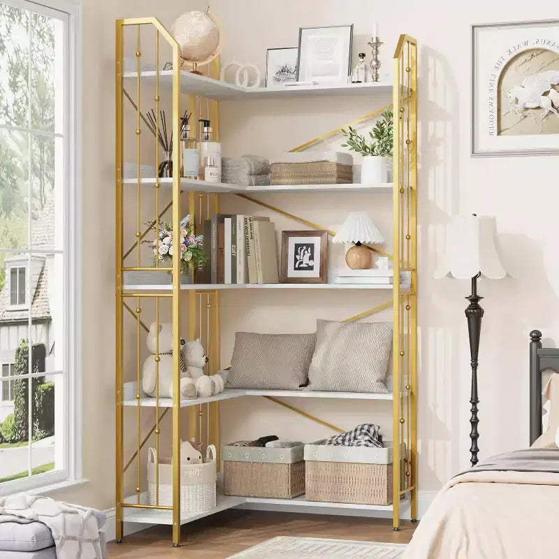 GustoWave Étagère d'angle à 5 niveaux 72 cm de haut, bibliothèque en L, étagère de rangement avec cadre en métal