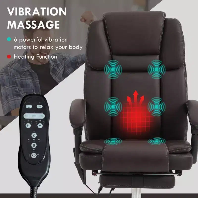 Chaise de bureau de massage vibrant à 6 points, chaise d'ordinateur inclinable en cuir PU avec hauteur réglable