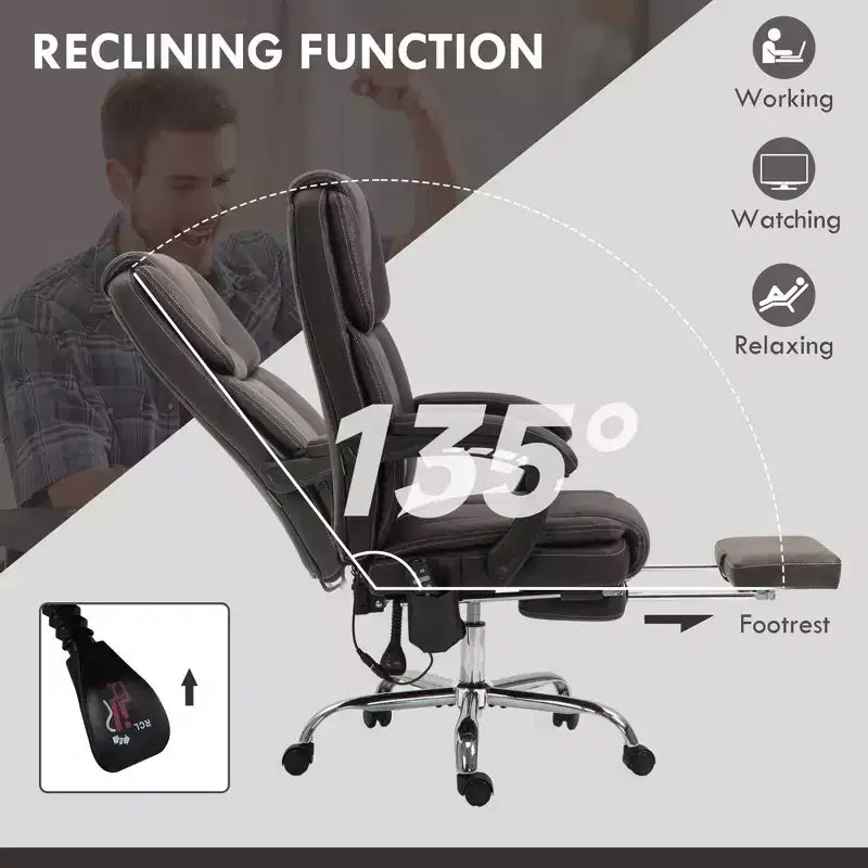 Chaise de bureau de massage vibrant à 6 points, chaise d'ordinateur inclinable en cuir PU avec hauteur réglable