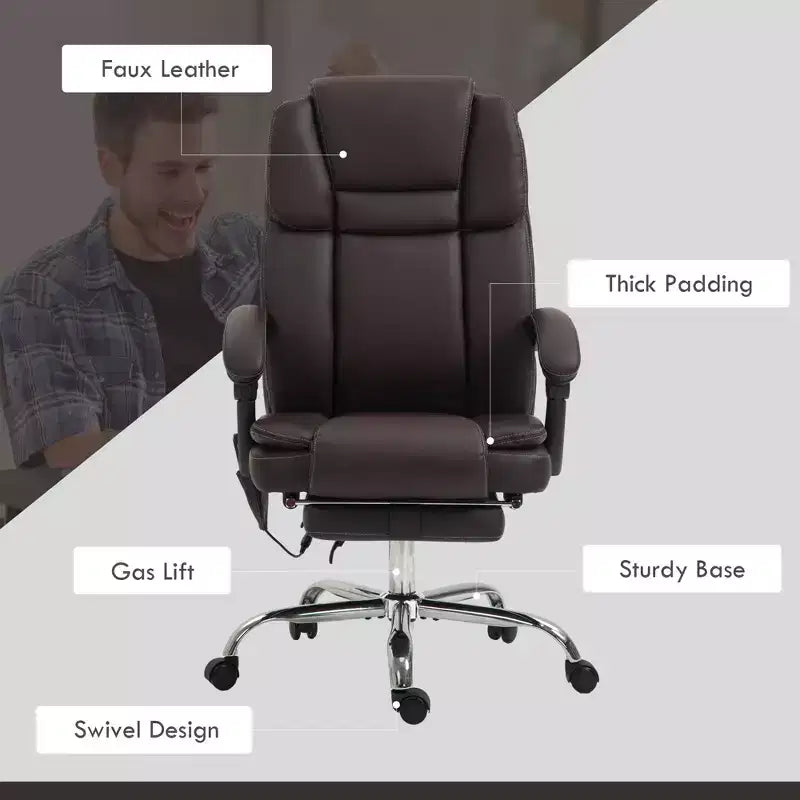 Chaise de bureau de massage vibrant à 6 points, chaise d'ordinateur inclinable en cuir PU avec hauteur réglable