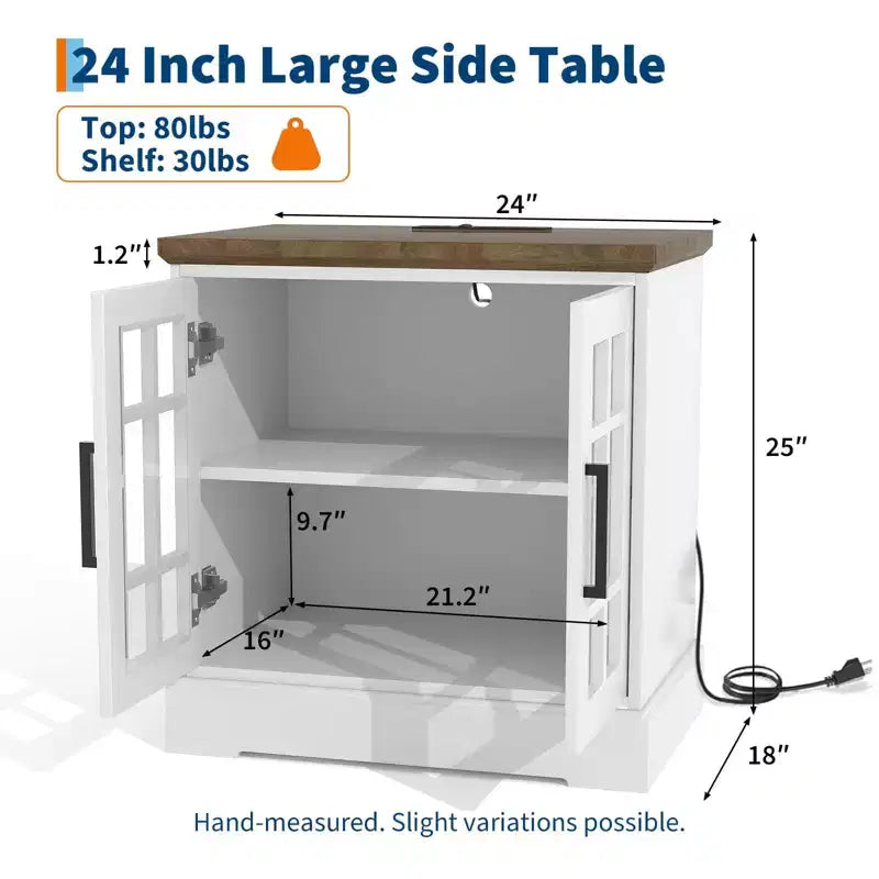Table de chevet moderne en MDF blanc avec station de charge, porte en verre réglable et rangement | Table de chevet compacte et fonctionnelle pour chambre à coucher