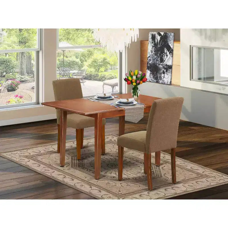 Table de salle à manger rectangulaire de cuisine avec rallonge et 2 chaises Parsons - Tissu lin rustique
