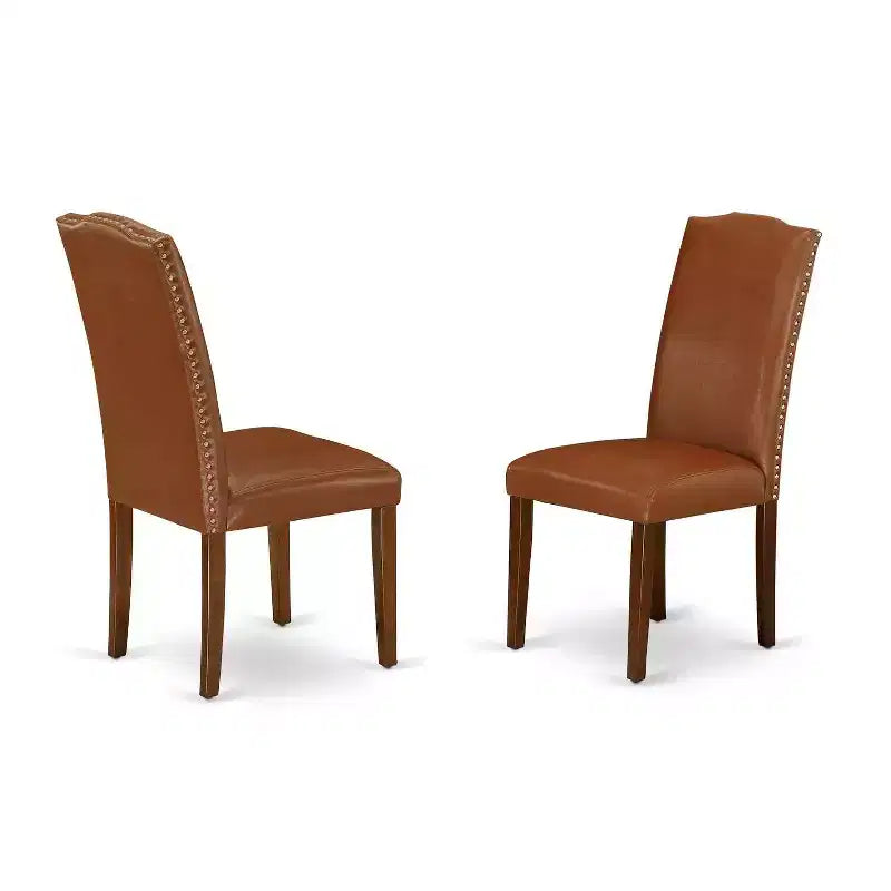 Table carrée rustique et 2 chaises Parsons - pieds en acajou, similicuir marron