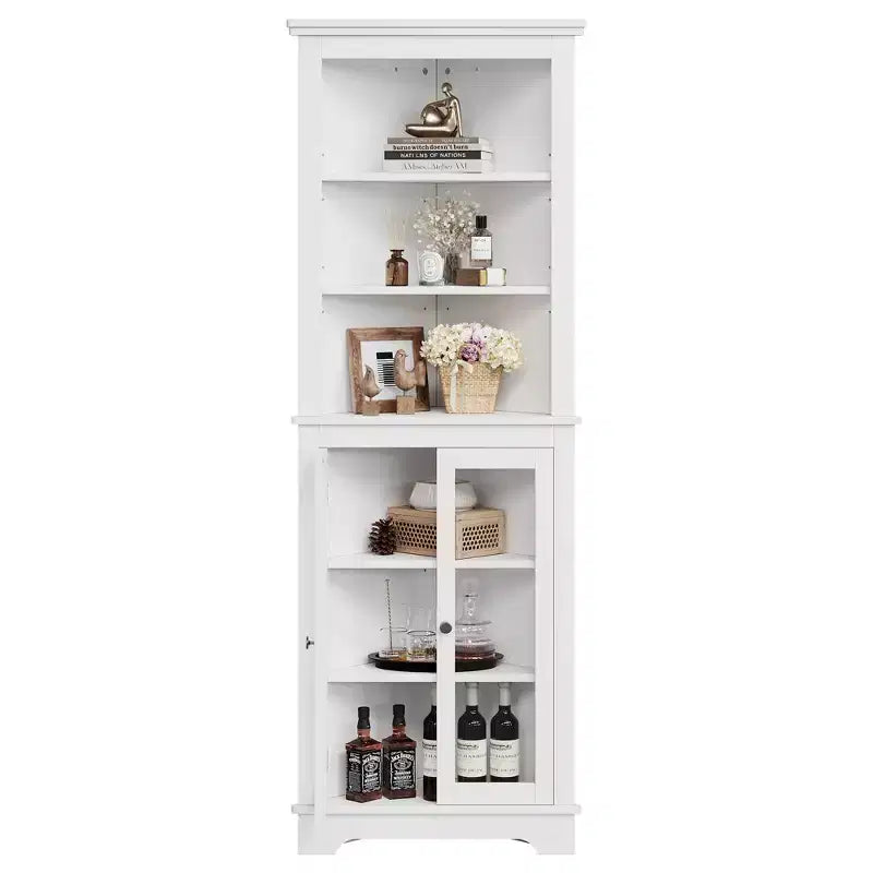 Glass-door bookshelf storage cabinet, 65 inches tall, with adjustable shelves, suitable for living rooms and bathrooms.