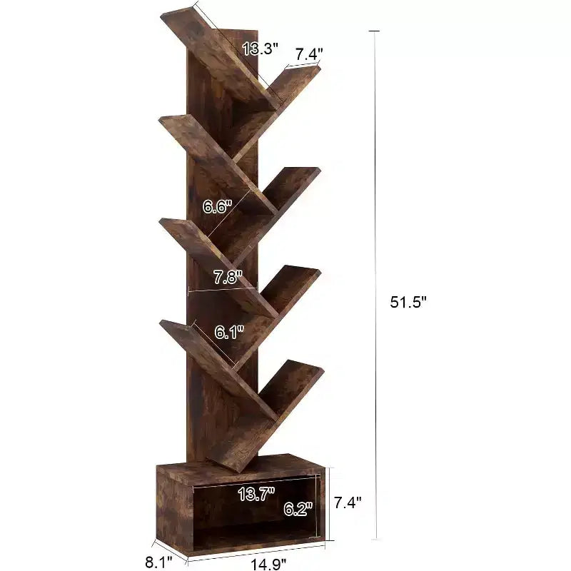 Étagère à Livres en Bois en Forme d'Arbre à 8 Niveaux avec Rangement, Bibliothèque sur Pied pour Enfants et Adultes, Organisateur Utilitaire pour Salon, Chambre à Coucher, Bureau, Marron