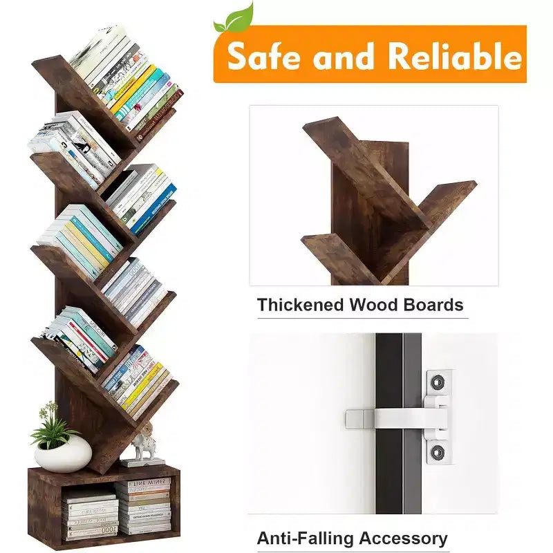 Étagère à Livres en Bois en Forme d'Arbre à 8 Niveaux avec Rangement, Bibliothèque sur Pied pour Enfants et Adultes, Organisateur Utilitaire pour Salon, Chambre à Coucher, Bureau, Marron